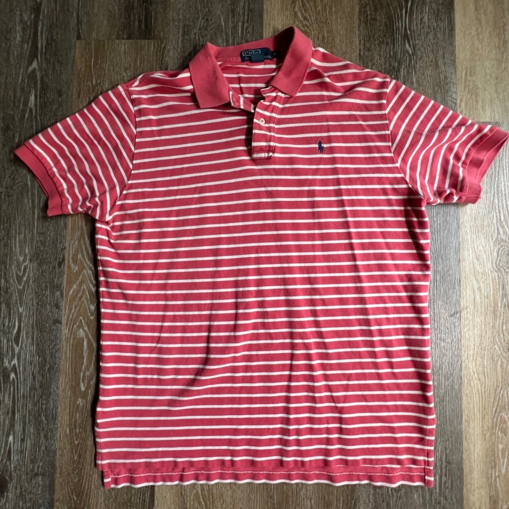 Polo Ralph Lauren Polo Shirt Mens XL Pink White Striped Short Sleeve Pony Logo‎